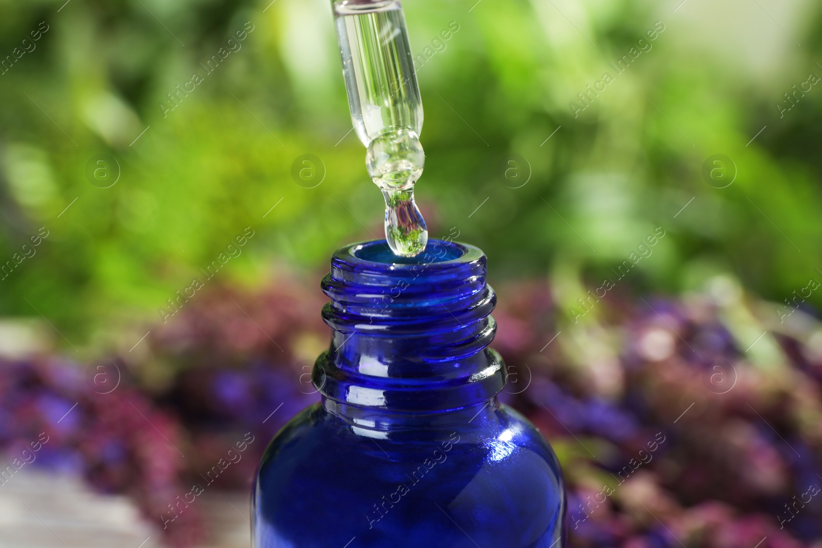 Photo of Dropping essential oil into bottle on blurred background, closeup