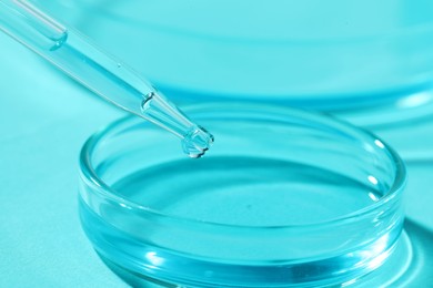 Photo of Dripping liquid from pipette into petri dish at light blue table, closeup. Laboratory analysis