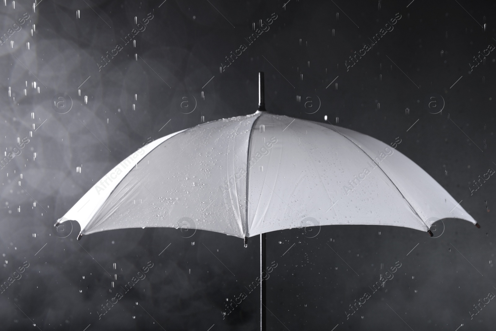 Photo of White umbrella under rain on dark background