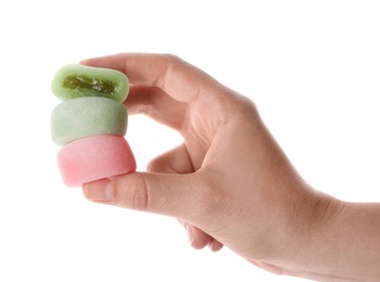 Woman with different delicious mochi on white background, closeup. Traditional Japanese dessert