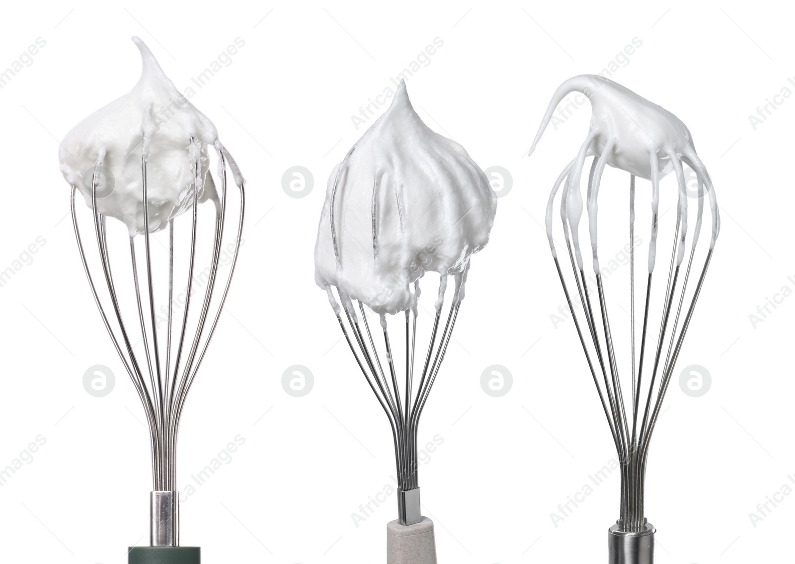 Image of Many different whisks with cream isolated on white, collection