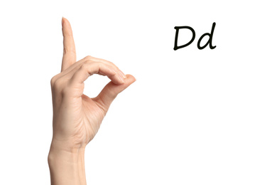 Woman showing letter D on white background, closeup. Sign language
