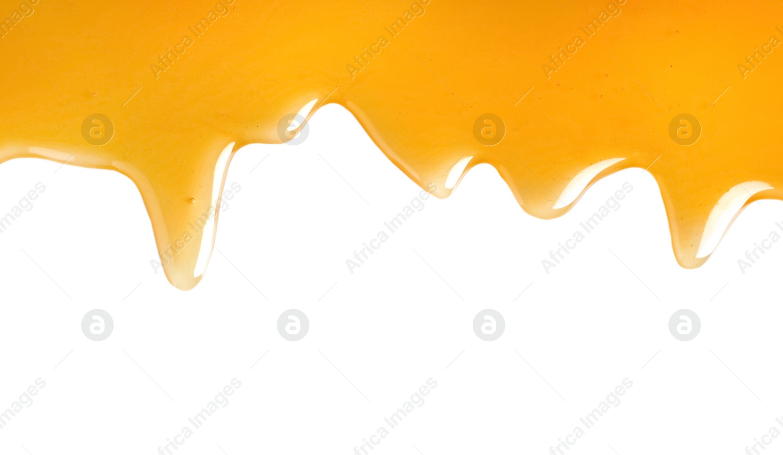 Photo of Fresh sweet honey flowing on white background