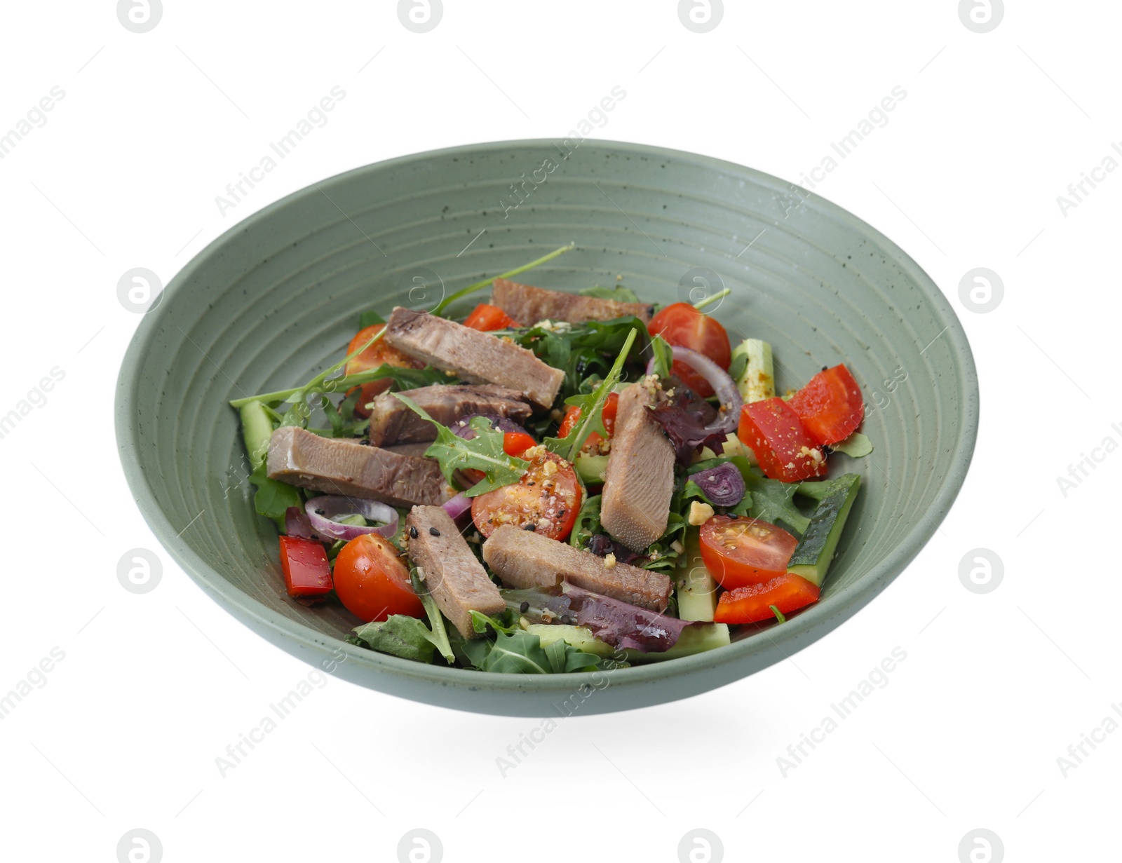 Photo of Delicious salad with beef tongue and vegetables isolated on white
