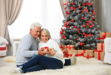 Happy mature couple with Christmas gift at home