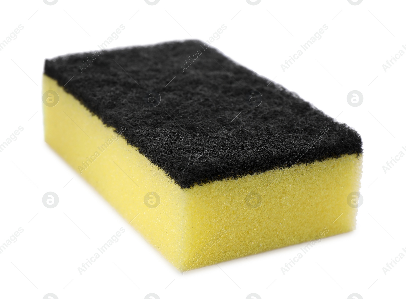 Photo of Yellow cleaning sponge with abrasive black scourer isolated on white