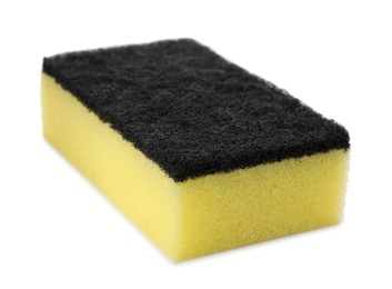 Yellow cleaning sponge with abrasive black scourer isolated on white