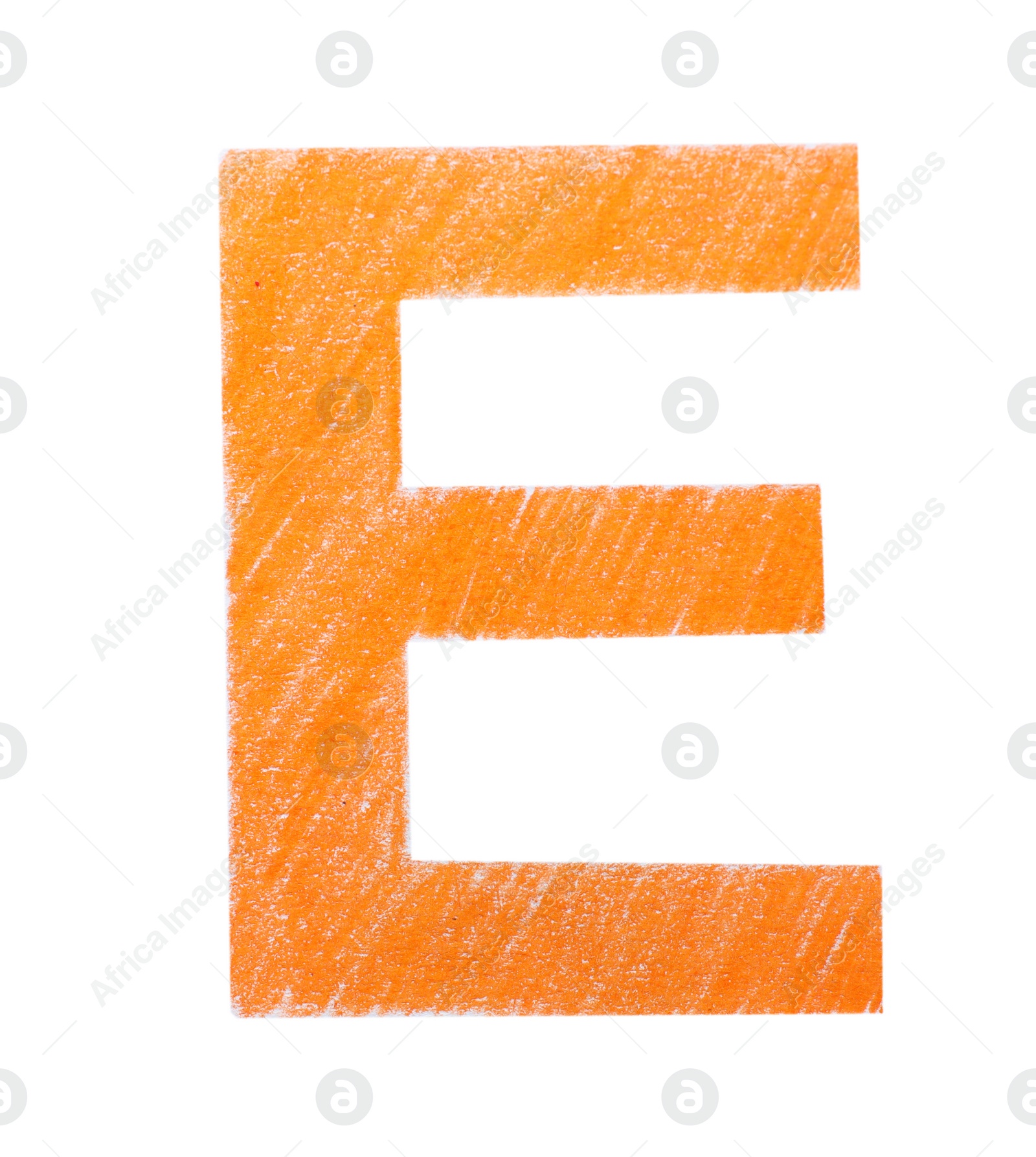Photo of Letter E written with orange pencil on white background, top view