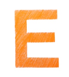 Photo of Letter E written with orange pencil on white background, top view
