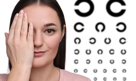 Image of Vision test. Young woman and eye chart on white background