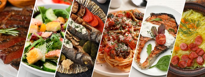 Image of Assortment of tasty dishes. Collage with different meals, closeup