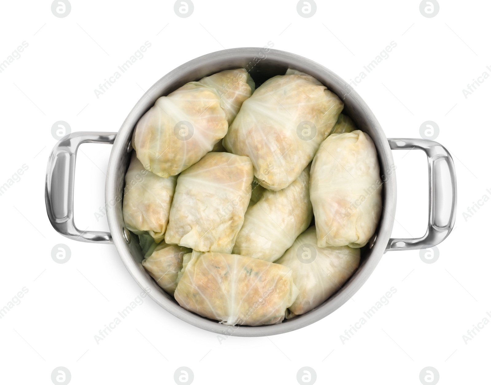 Photo of Stuffed cabbage rolls in pot isolated on white, top view