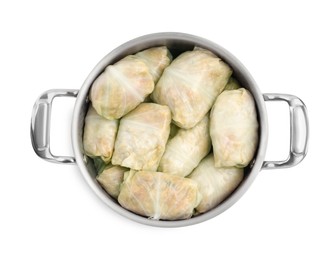 Stuffed cabbage rolls in pot isolated on white, top view