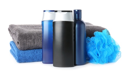 Photo of Set with men's personal hygiene products on white background