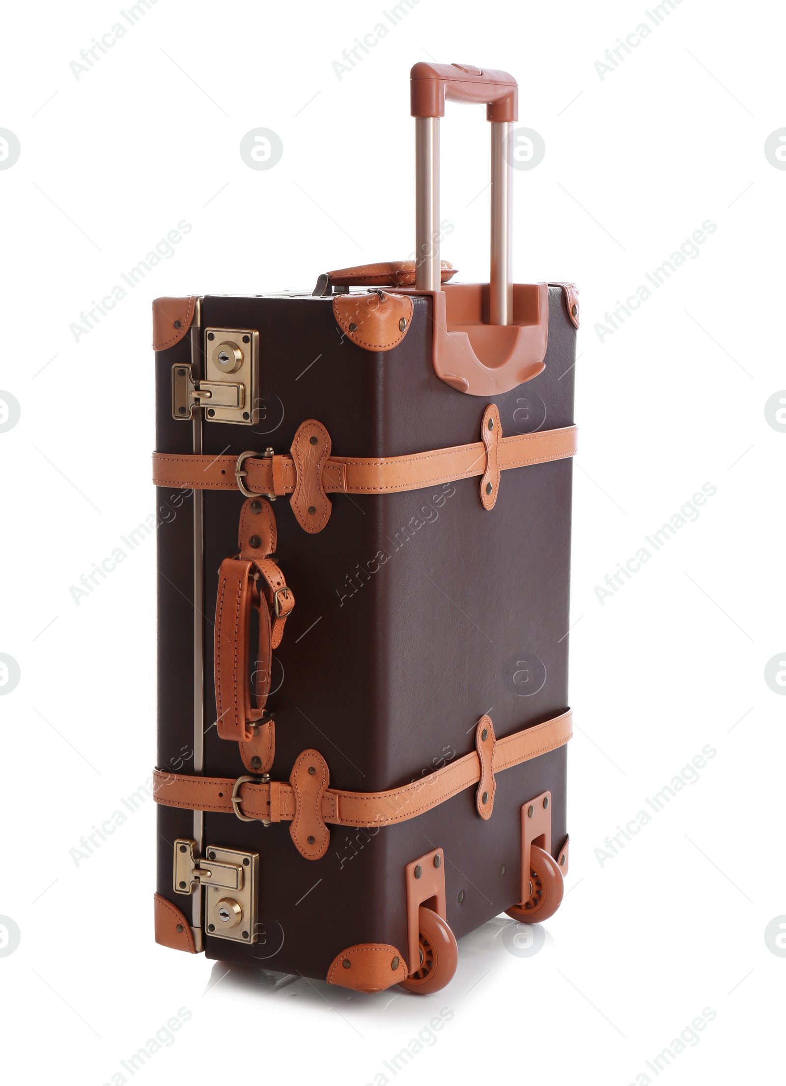 Photo of Fashionable brown suitcase on white background