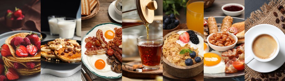 Image of Assortment of tasty breakfasts. Collage with different meals and drinks