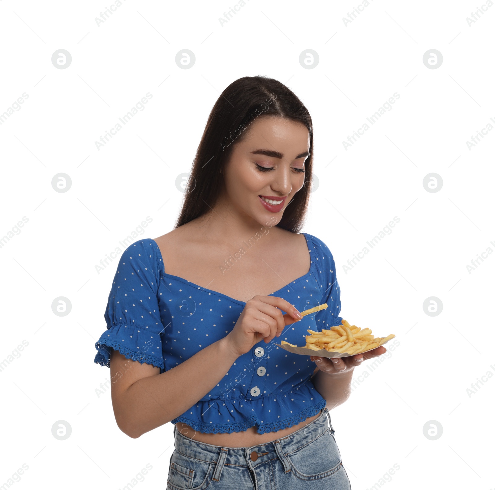 Photo of Beautiful young woman with French fries on white background