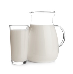 Jug and glass with fresh milk on white background