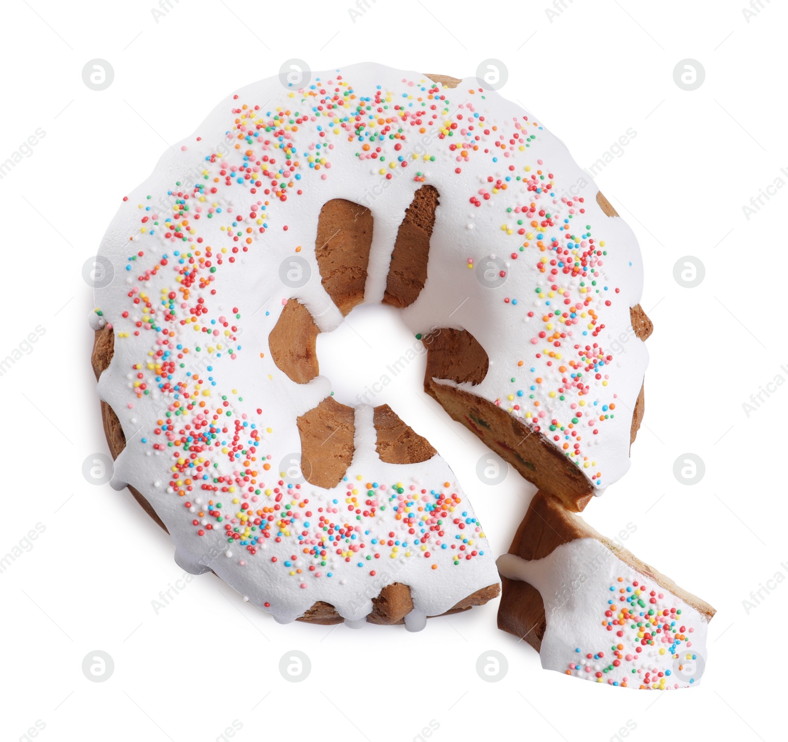 Photo of Glazed Easter cake with sprinkles on white background, top view