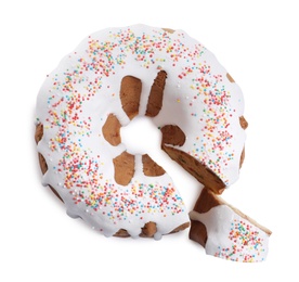 Glazed Easter cake with sprinkles on white background, top view