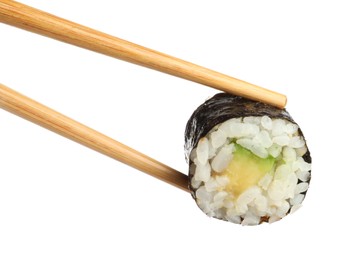 Photo of Chopsticks with tasty fresh sushi roll isolated on white