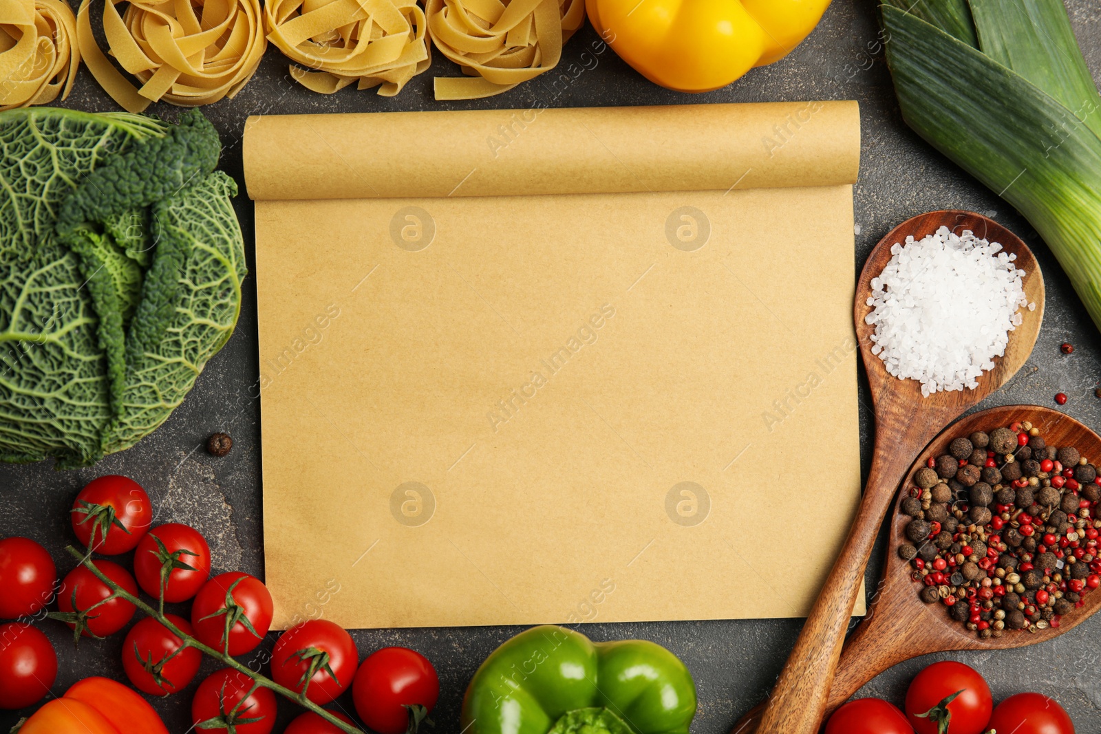 Photo of Blank sheet of paper and different fresh products on grey table, flat lay with space for text. Cooking Classes