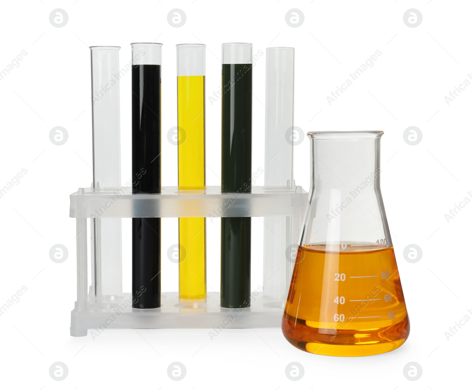 Photo of Laboratory glassware with different types of crude oil isolated on white