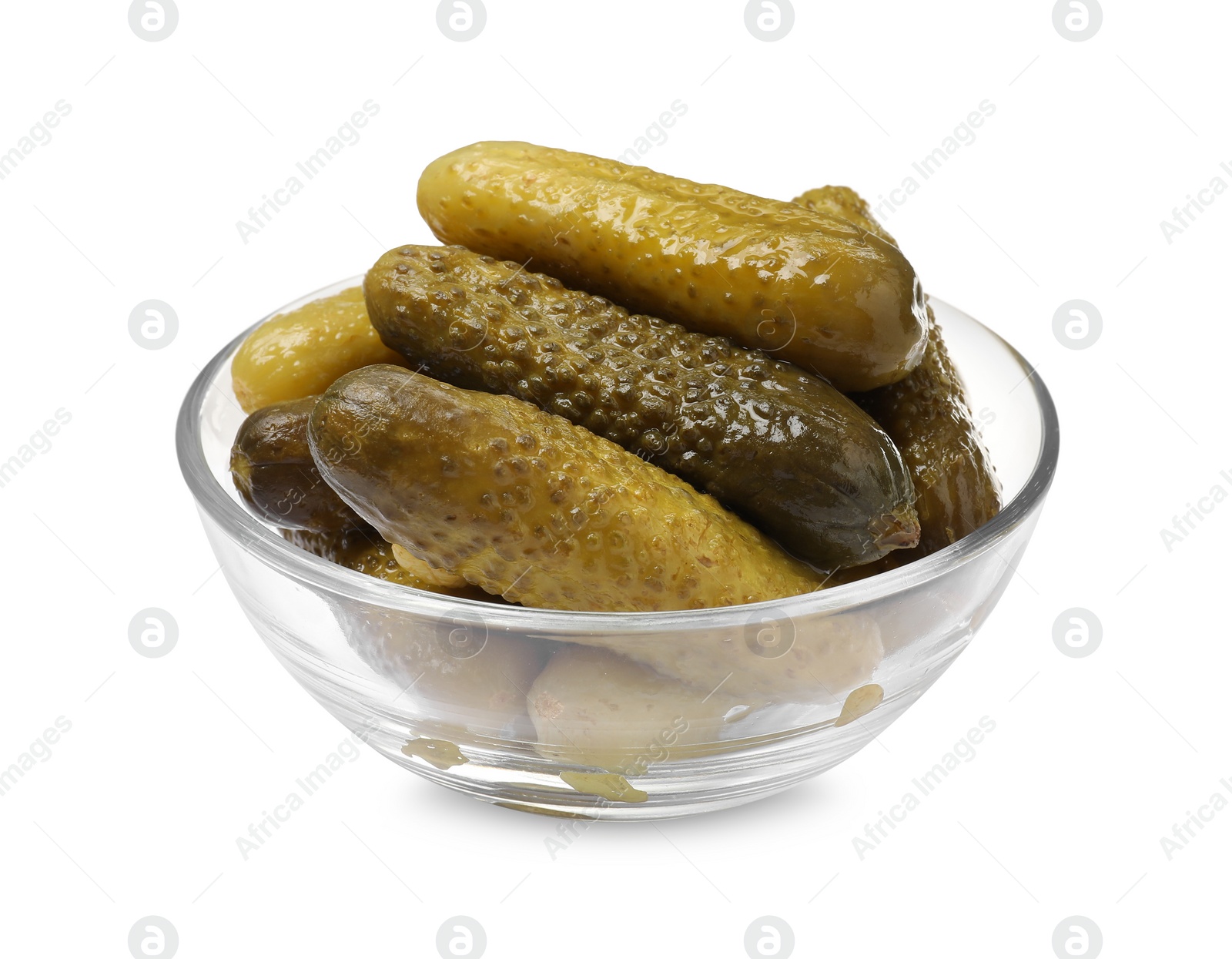 Photo of Tasty pickled cucumbers in bowl isolated on white