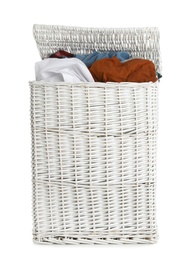 Wicker laundry basket full of dirty clothes on white background