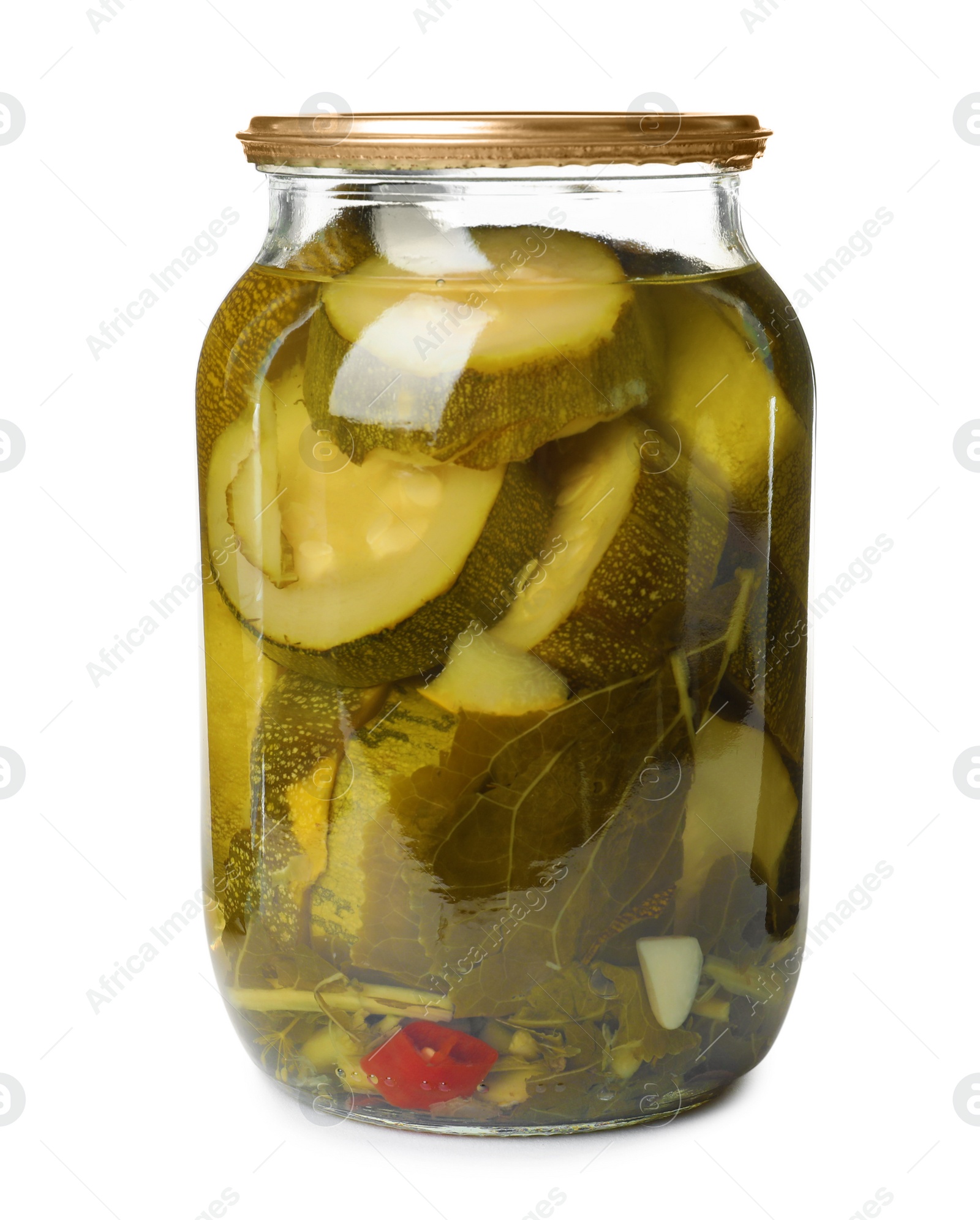 Photo of Glass jar with pickled zucchinis isolated on white