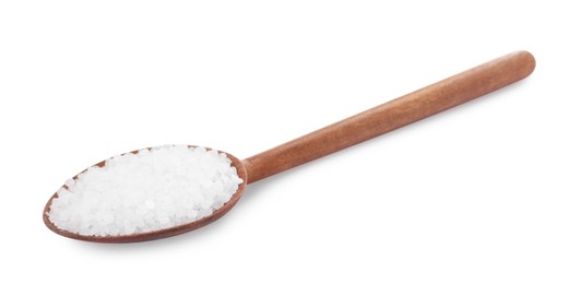 Photo of Wooden spoon with natural sea salt isolated on white