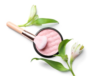 Photo of Face powder with makeup brush on white background