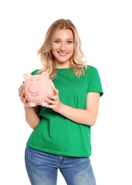 Photo of Beautiful young woman with piggy bank on white background