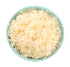 Photo of Bowl of tasty sauerkraut on white background, top view