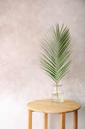 Photo of Vase with tropical date palm leaf on table near color wall