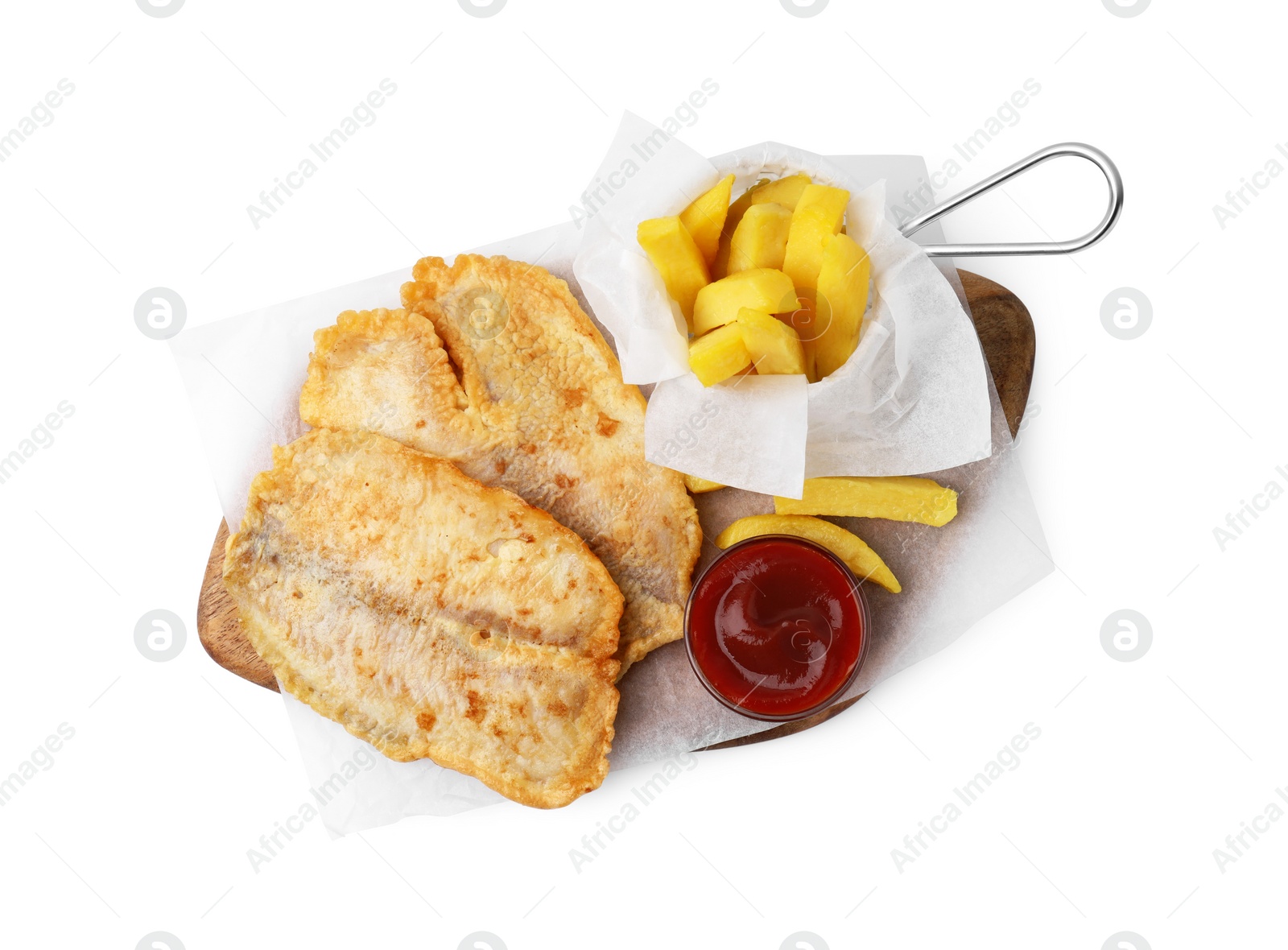 Photo of Delicious fish and chips with ketchup isolated on white, top view