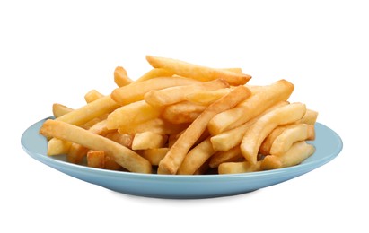 Photo of Plate of delicious french fries on white background
