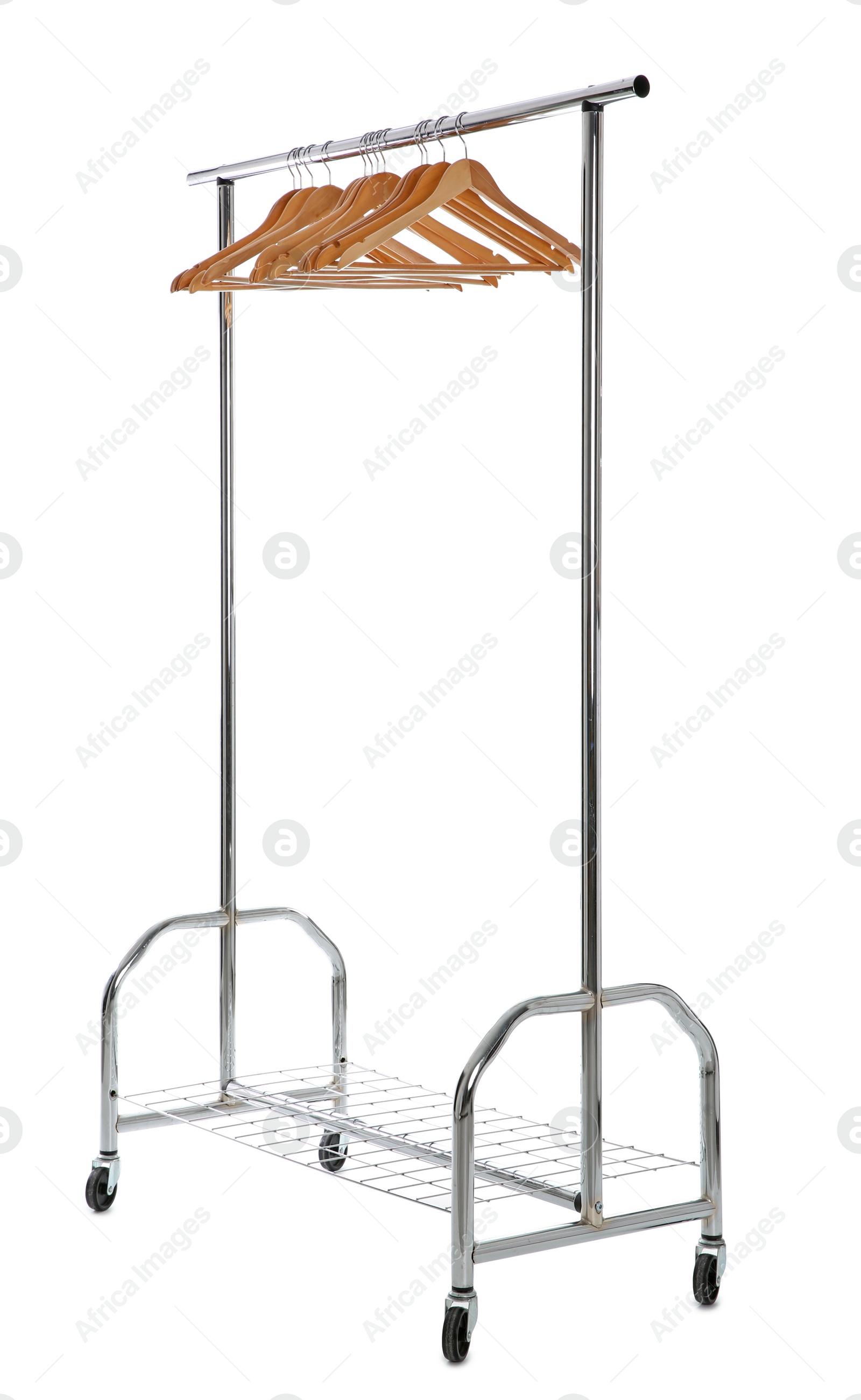 Photo of Wardrobe rack with wooden hangers isolated on white