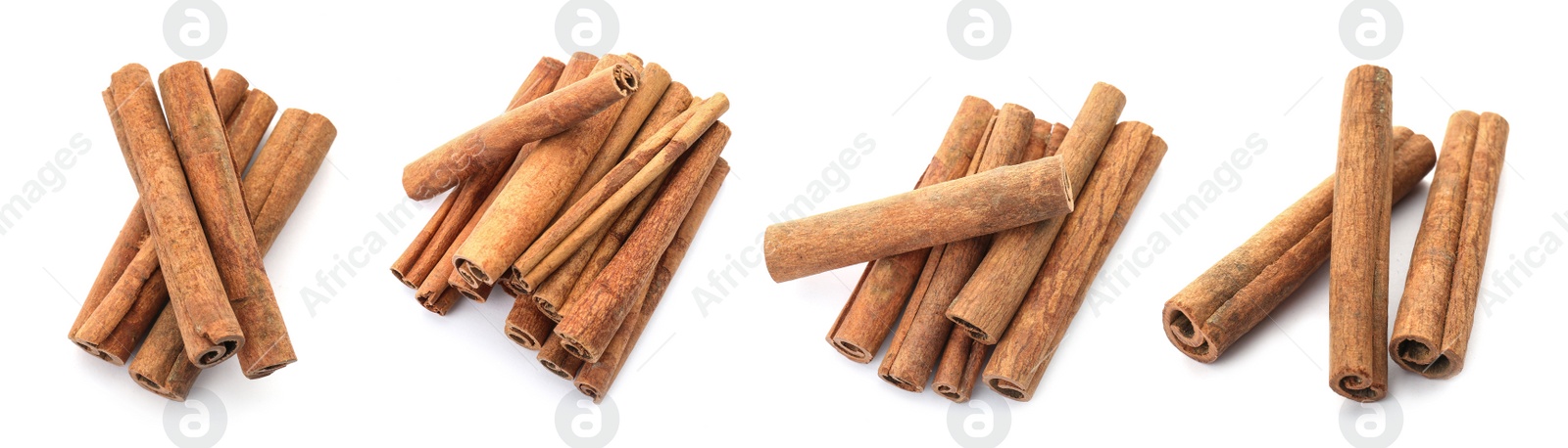 Image of Set with aromatic cinnamon sticks on white background. Banner design