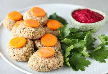 Photo of Plate of traditional Passover (Pesach) gefilte fish, closeup