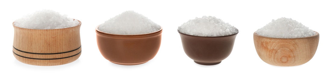 Set of bowls with salt on white background, banner design 