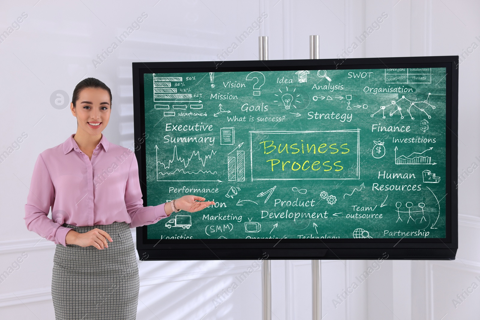 Photo of Business trainer using interactive board in meeting room