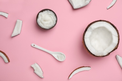 Flat lay composition with coconut oil on color background. Healthy cooking