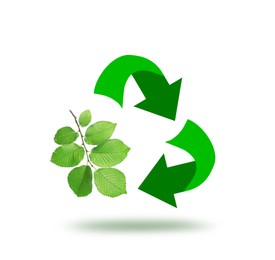 Image of Recycling symbol made of arrows and branch with green leaves on white background