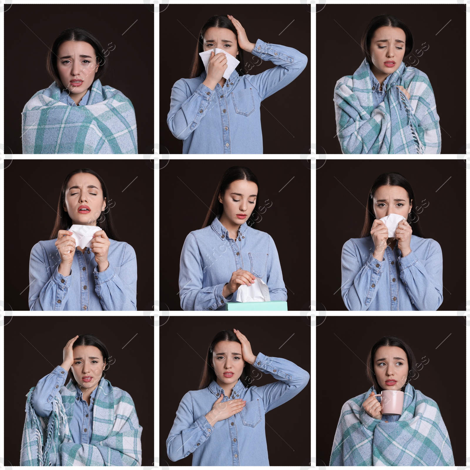 Image of Collage with photos of woman with cold symptoms on brown background