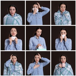 Collage with photos of woman with cold symptoms on brown background