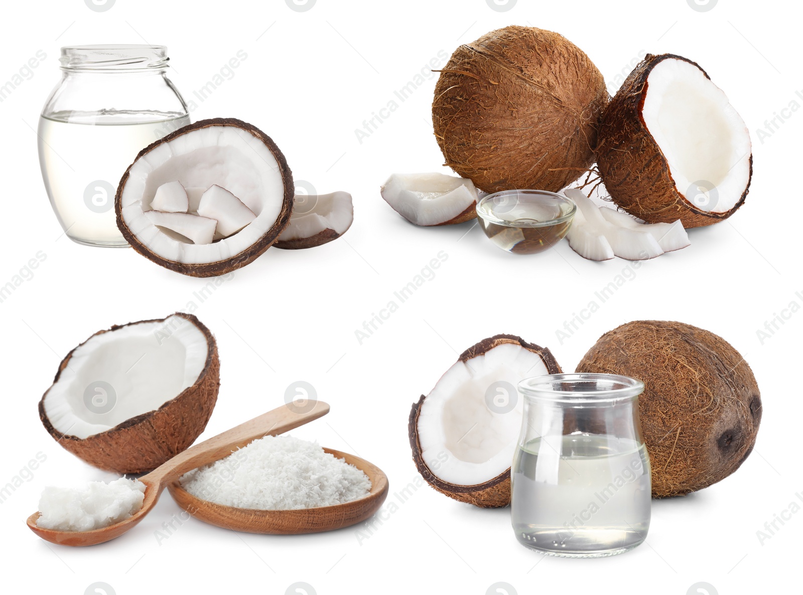 Image of Set of coconuts and organic cooking oil on white background