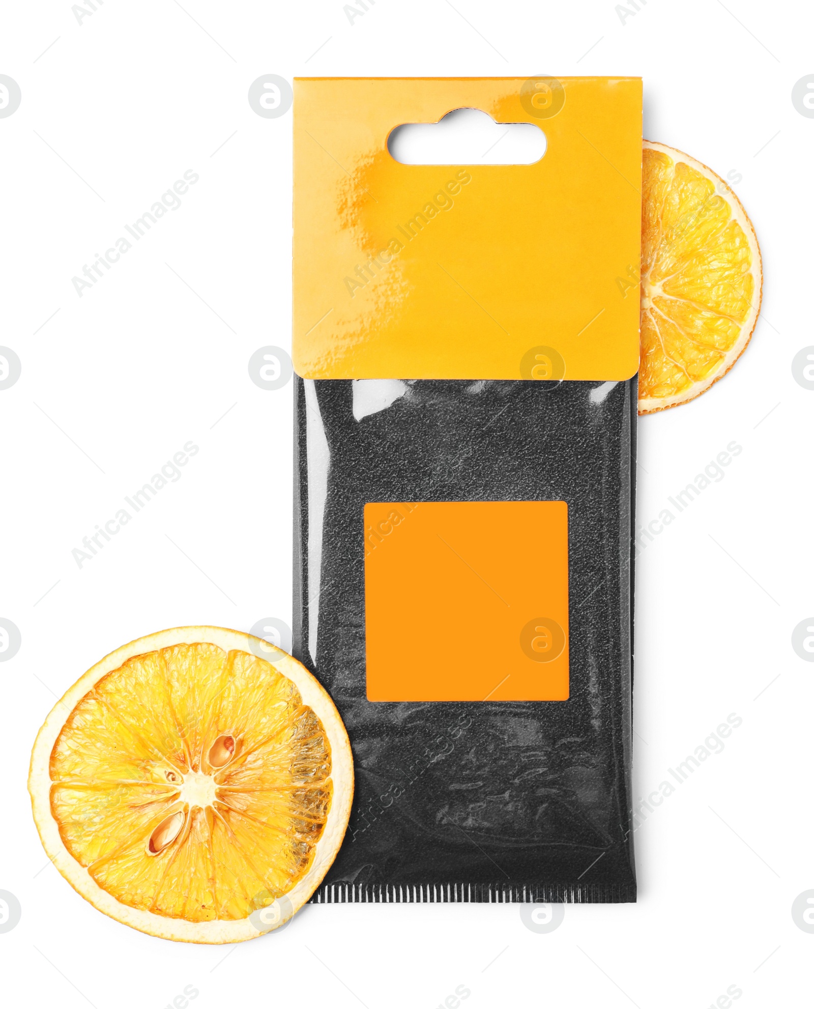 Photo of Scented sachet and dried orange slices on white background, top view