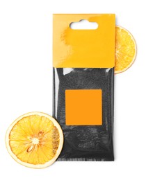 Scented sachet and dried orange slices on white background, top view