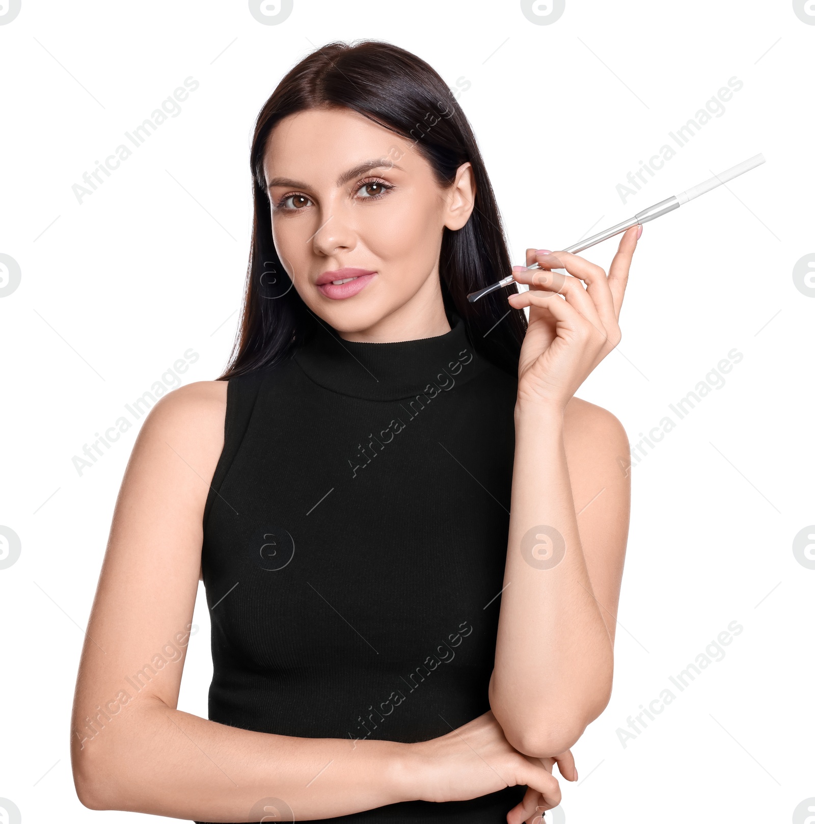 Photo of Woman using long cigarette holder for smoking isolated on white